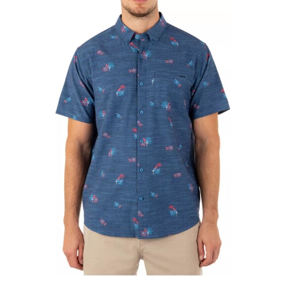 Men's Hurley OAO Stretch Short Sleeve Button Up Floral Print Blue Medium - Picture 1 of 10